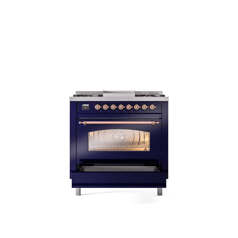 ILVE Nostalgie II 36 Dual Fuel Range, knobs, Midnight Blue/Copper, Liquid Propane