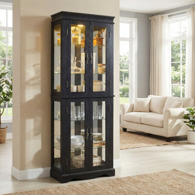 Black Lighted Curio China Cabinet With Glass Doors
