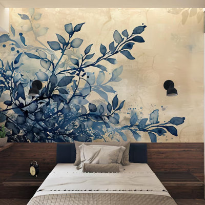 Blue Botanical Wall Mural Beige Background Watercolor Leaf Wallpaper Modern Nature For Bedroom Living Room Dining Room