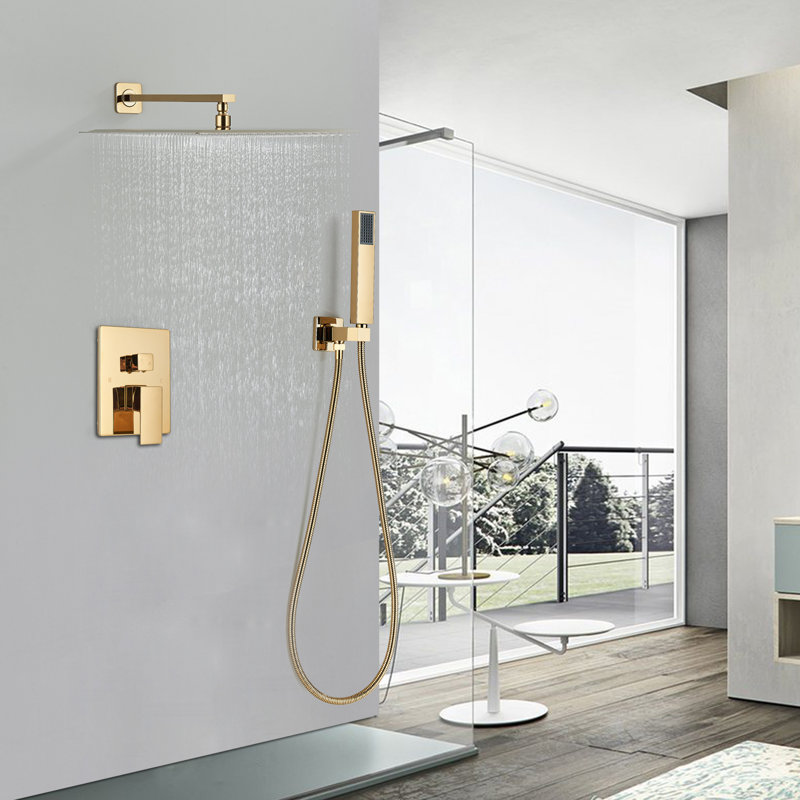 Système de robinet de douche avec douchette à pluie de 12 pouces et douchette à jet de luxe pour salle de bain, Doré