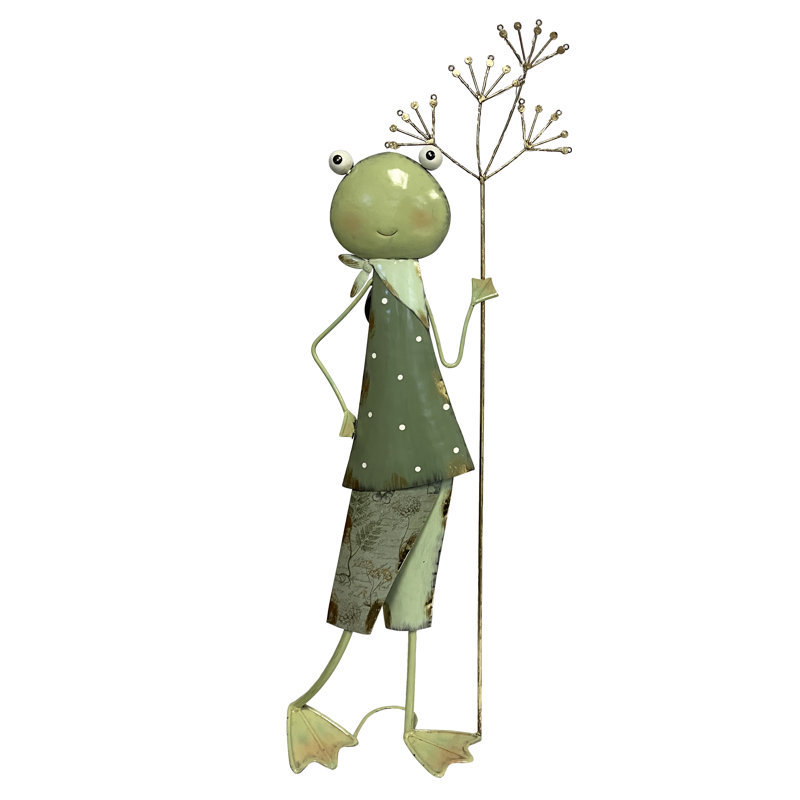 Statue de grenouille en métal tenant une fleur solaire avec des vêtements à motif de feuilles