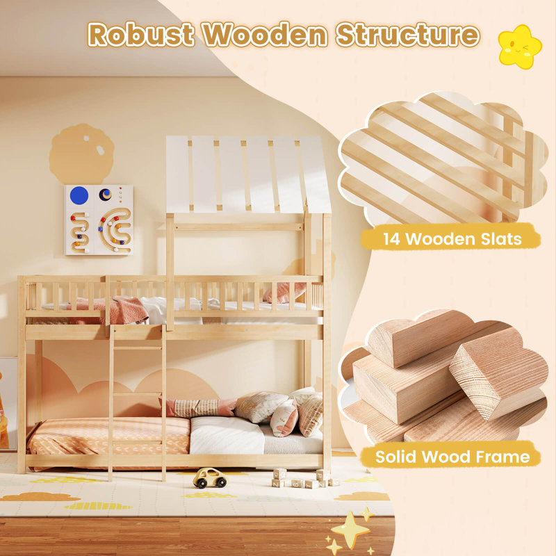 Twin Over Twin House Bunk Bed with Roof, Ladder & Full-length Guardrails for Kids Natural, Brown/White