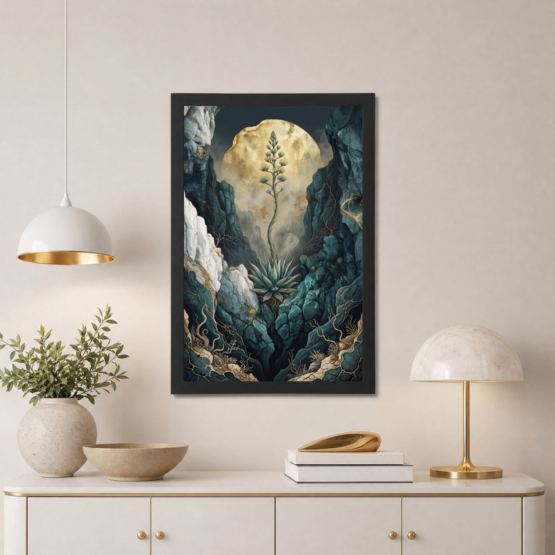 «Teal Canyon Agave Plant Against Golden Moon», art mural sur toile, H 36 po x l 24 po