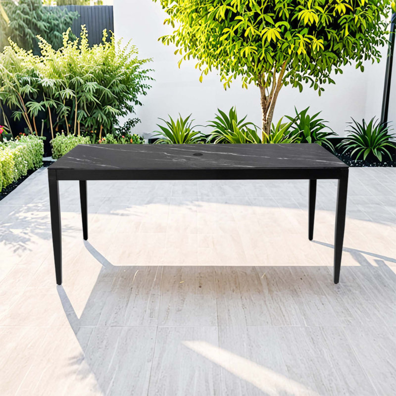 Outdoor Modern Patio Aluminum Dining Table, Black Marble-Inspired Sintered Stone Top, Weatherproof & Rust-Free, Seats Six