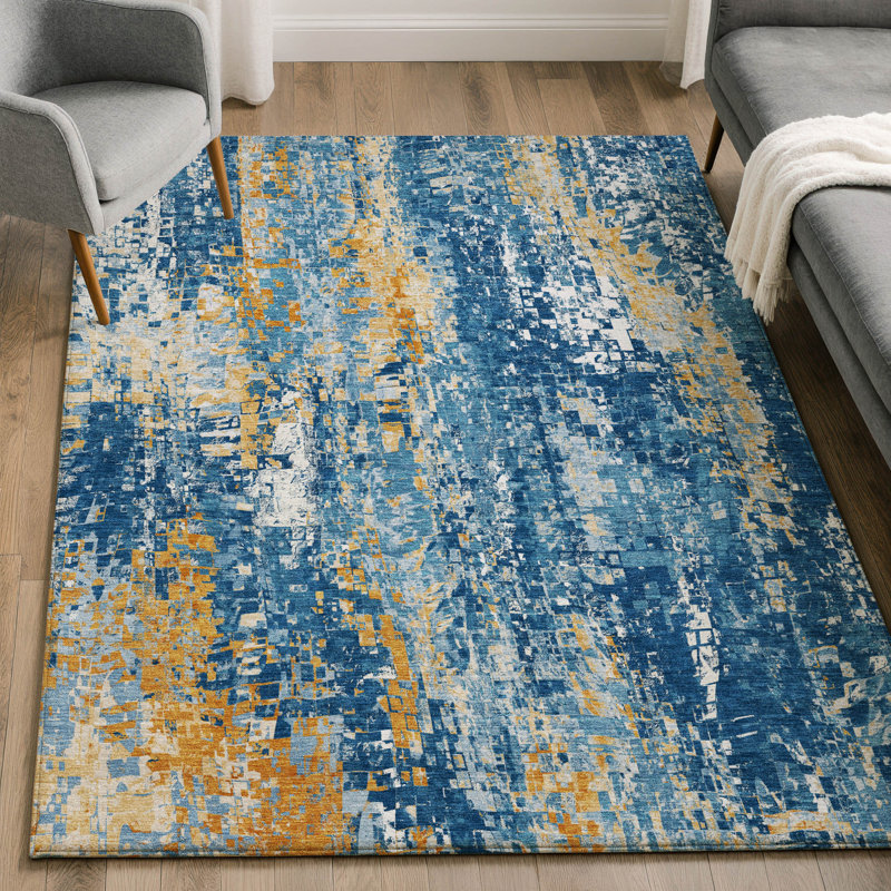 Premium Machine Washable Mayfield AMF2254 Abstract Rug, 3' x 5', Navy