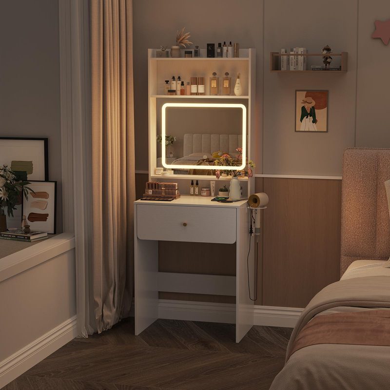 Petit ensemble de coiffeuse avec 3 miroirs lumineux réglables, Blanc / Blanc