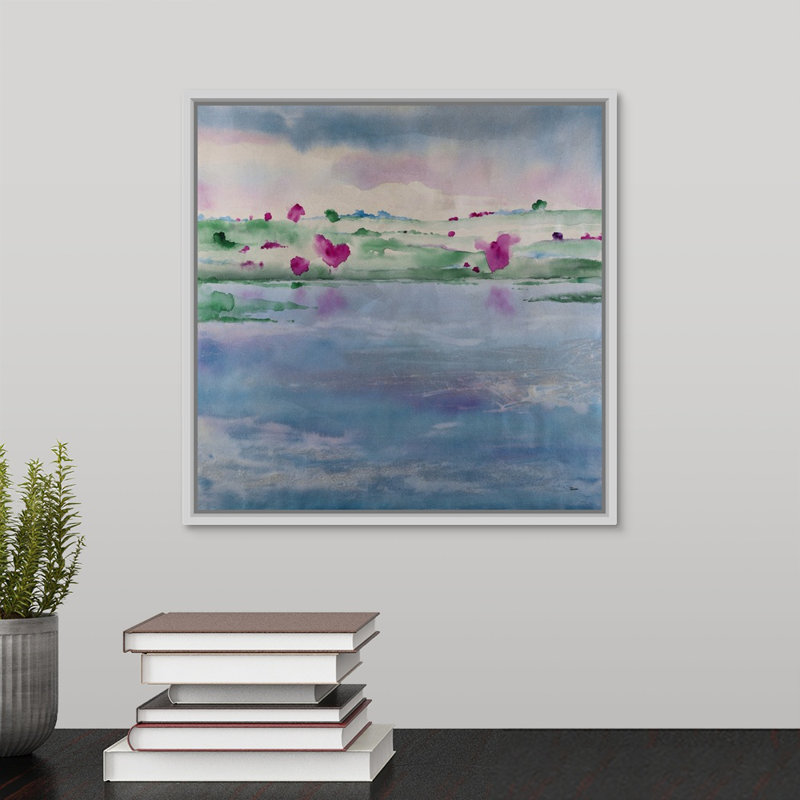 « perle eaux », peinture sur toile, H 13,7 po x l 13,7 po x p 1,75 po, Cadre flottant blanc