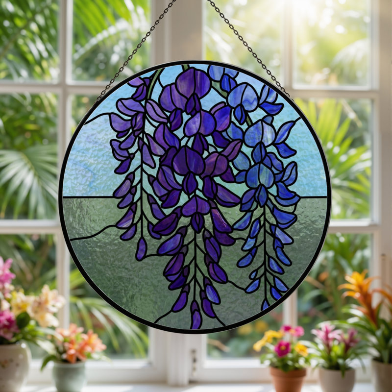 Vitrail de fenêtre en verre coloré 7,8 po H Wisteria, H 7,8 po x l 7,8 po