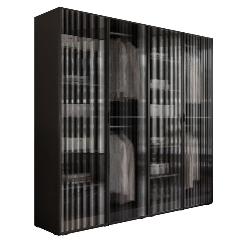 Manufactured Wood Wardrobe, Black Graphite/Fluted Glass