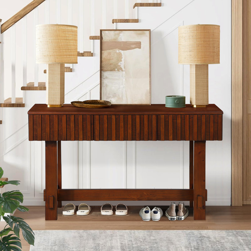 Table console 52 po à 3 tiroirs, entrée avant cannelée avec pieds en bois massif pour salon, Cerisier