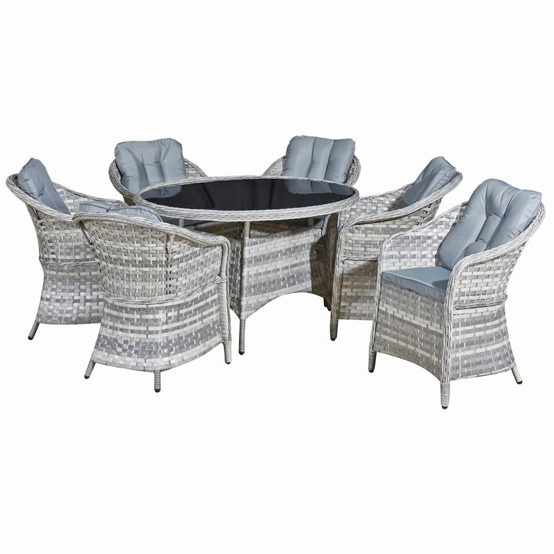 Sicilia Rattan 6 Seat Dining Set in Dove Grey with Black Glass