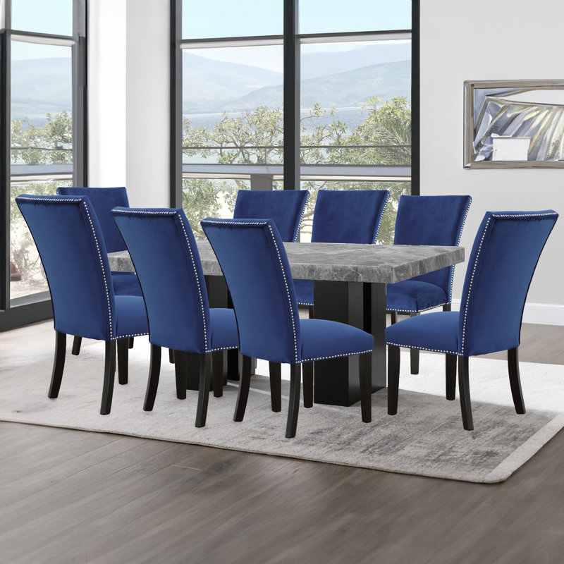 Anxhela Marble Top Four Leg Dining Set, 9 Pieces: Table, 8 Chairs, Blue