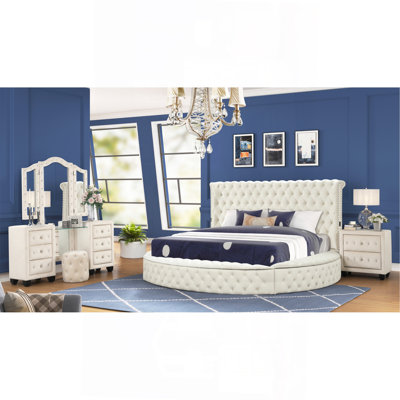 Ensemble de chambre avec grand lit 4 pièces avec ports USB et bois de couleur crème