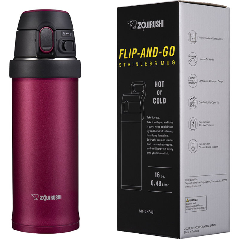 Flip-and-Go Vacuum Insulated Stainless Steel Travel Mug, Hibiscus Red, 16 oz