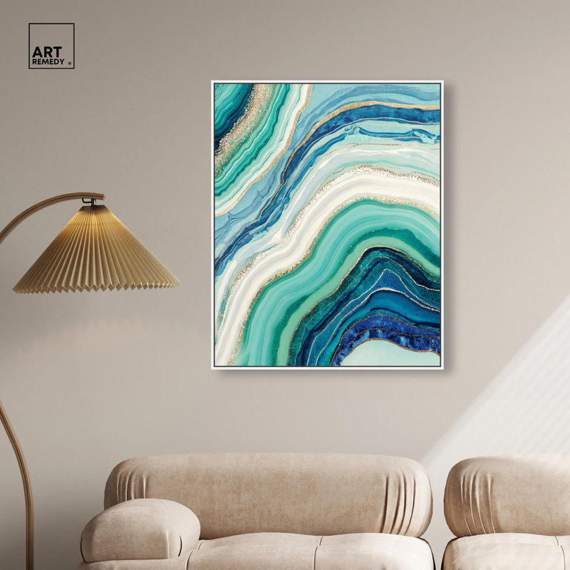 «Blue Green Abstract Agate I», art abstrait bleu sarcelle par , H 37 po x l 31 po, Cadre flottant blanc