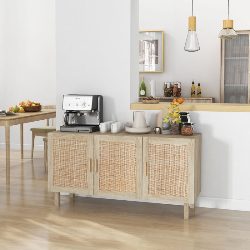 Sideboard Buffet Cabinet, Kitchen Cabinet, Coffee Bar Cabinet with 3 Rattan Doors, Natural