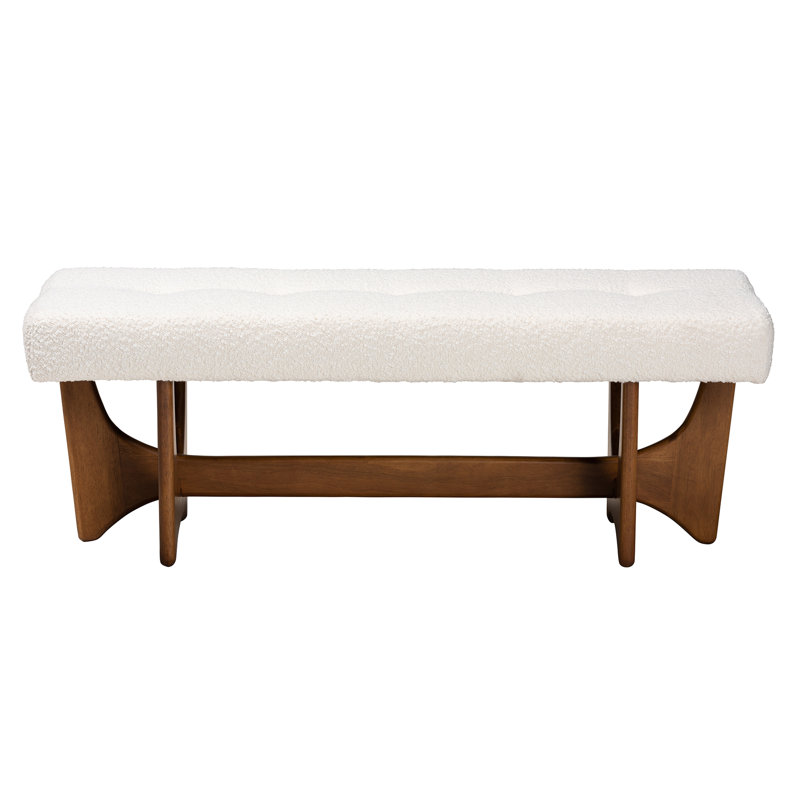 Cream Boucle Fabric and Walnut Wood Bench with Button-Tufted Seat