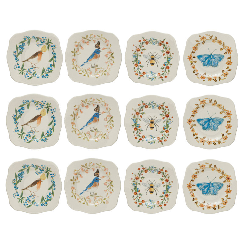 Stoneware Plates With Painted Fauna And Scalloped Edge