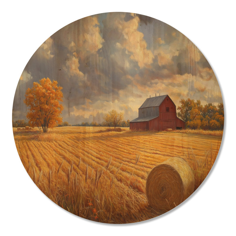Golden Barn Harvest Fields - Art mural rond en bois rustique, 23" Round, Round
