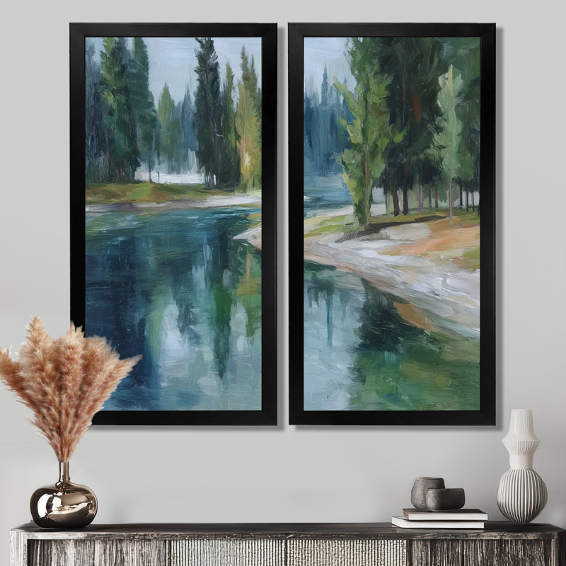 «Pine Trees Fraser River Calming Current», reproduction d'art sur toile, paysage vert, 2 pièces, H 20 po x l 24 po, Noir