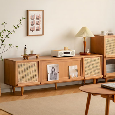 Nordic Style Cherry Wood and Rattan TV Stand