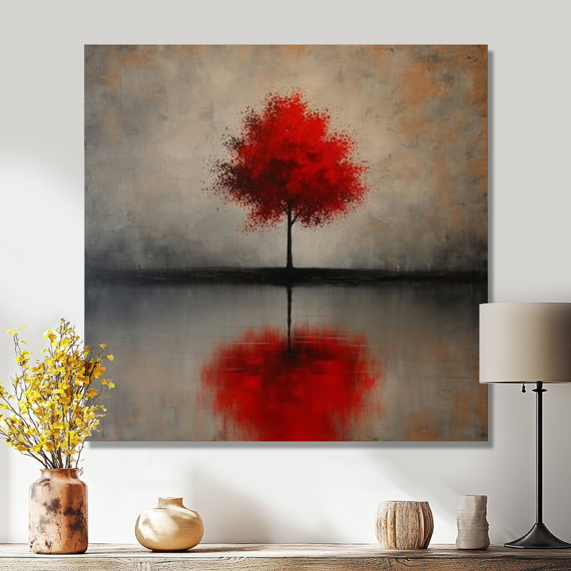 Single Red Autumn Tree - Tree Oak Wall Art Print, White Floater Framed Canvas, 36" H x 36" W x 1.5" D