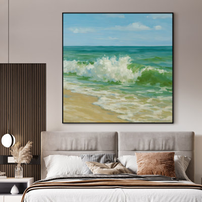 Extra Large Wall Art Fabric Print - Coastal Landscape Art Serene Ocean Wave and Sandy Beach Contemporary or Coastal Artwork Decor for Living Room or Bedroom - "Frame Assembly Required (Unfinished Frame)"