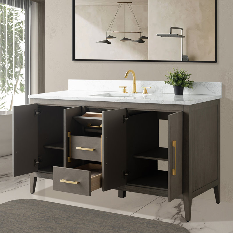 Meuble-lavabo simple 60 po avec plateau en marbre Chambery, Grey, Gris / noir