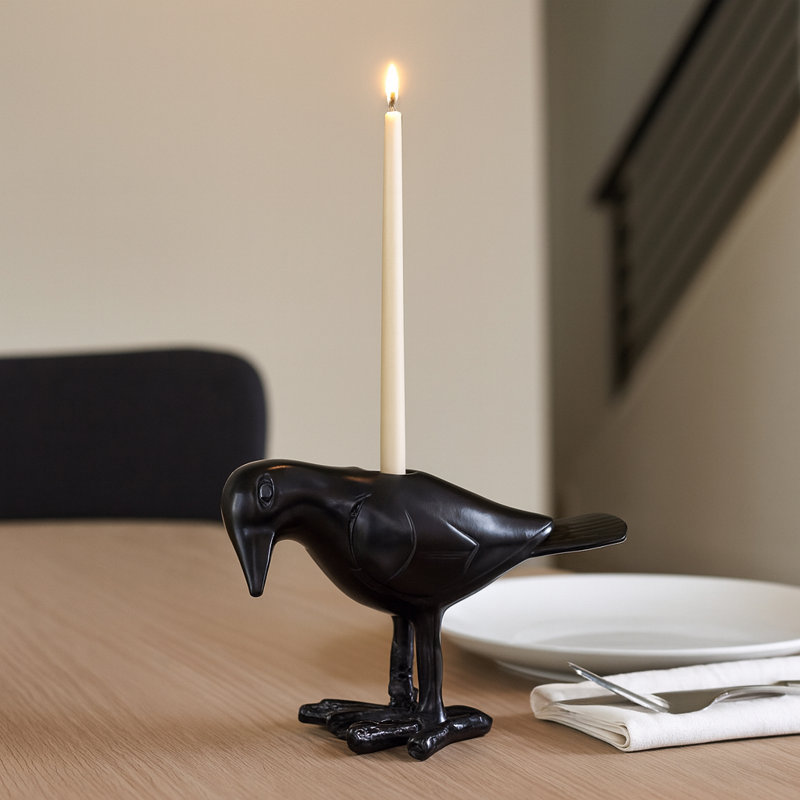 Modern Metal Crow Candle Holder for Living Room Decor - Decorative Taper Candlestick Holder for Tabletop Accent - 6", Black