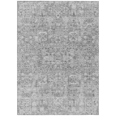 3' X 5' Gray Silver And Charcoal Floral Washable Indoor Outdoor Area Rug