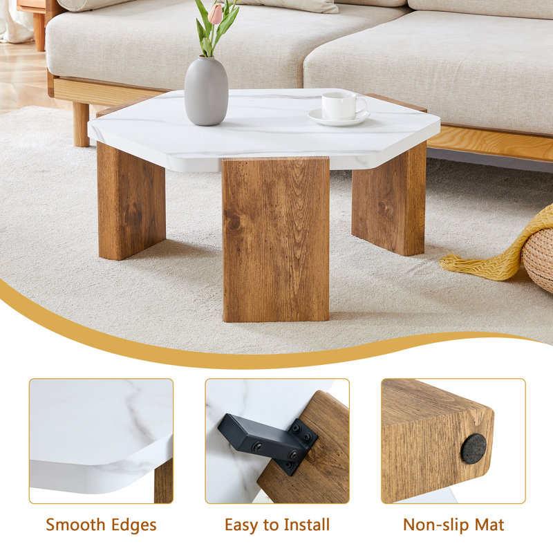 Table basse hexagonale de 31 pouces de style moderne avec surface en marbre blanc