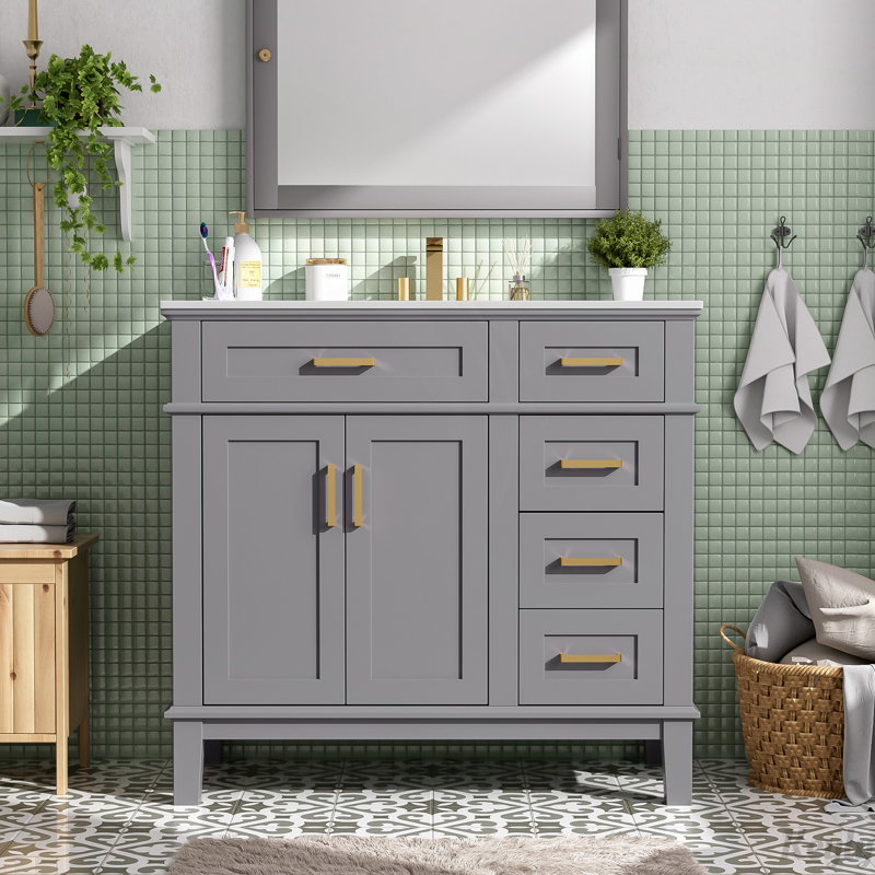 Meuble-lavabo moderne 36 po avec lavabo en céramique 36 po, 4 tiroirs, Gris