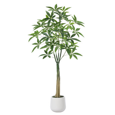 Adcock Artificial Ficus Tree with Round White Planter, Pre Potted Faux Money Tree for Home Decor