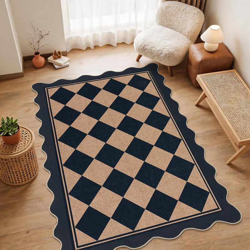 Tapis intérieur/extérieur à carreaux festonné, Café noir, 3 x 5 pi