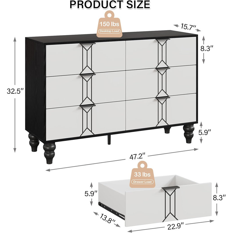 Commode profonde noire 6 tiroirs, Noir / blanc