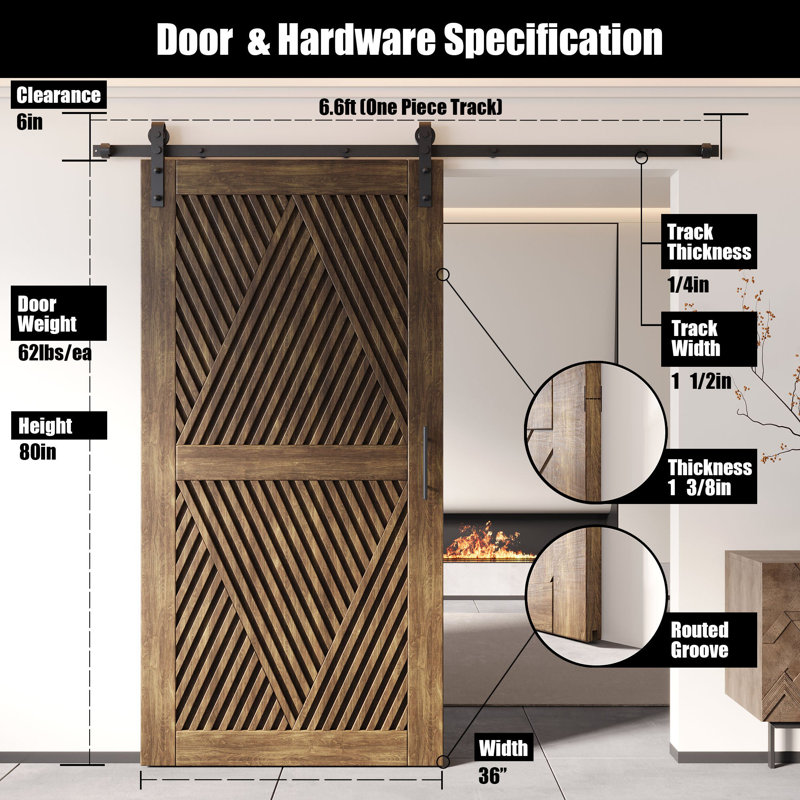 Porte de grange en forme de losange non assemblée et fini en noyer foncé 36 po x 80 po Homacer, 36 po x 80 po