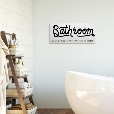 Seat Yourself Bathroom Sign Minimal Black White Stretched Canvas Wall Art by Daphne Polselli