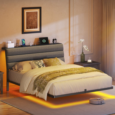 Floating Bed Frame With Upholstered Storage Headboard & Charging Station, Led Platform Floating Bed, Heavy Duty Metal Frame by Wrought Studio