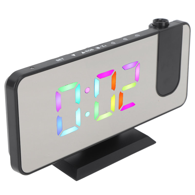 Réveil numérique RVB, surface miroir, luminosité réglable, projecteur rotatif à 180°, noir, idéal pour la chambre ou le bureau.