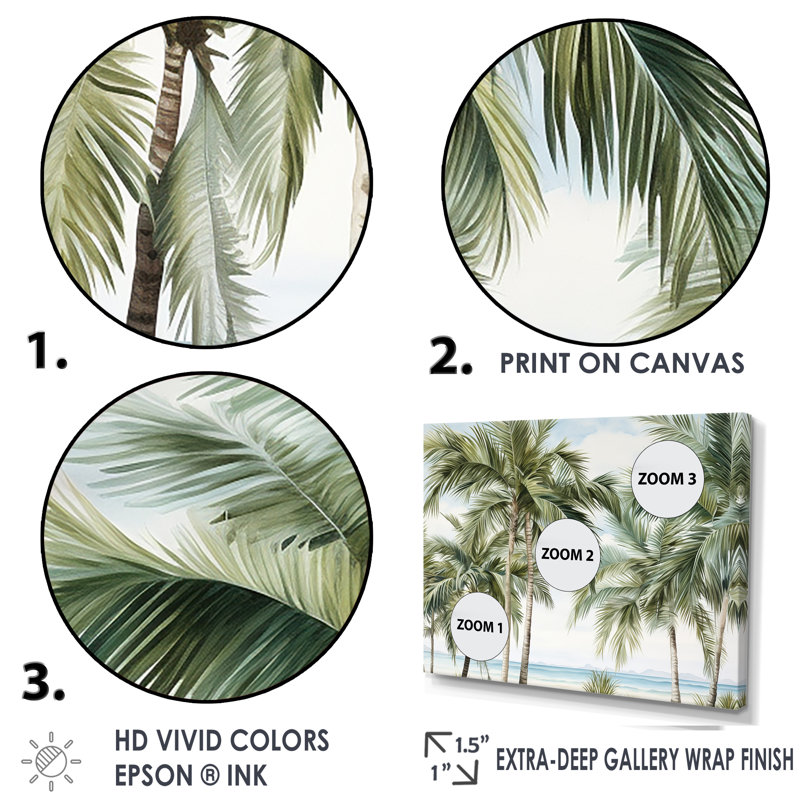 Large Green Palm Trees Beach Scene Canvas Print