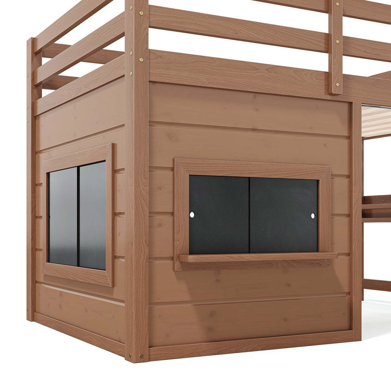 Lit mezzanine fantaisiste avec tableau noir coulissant et espace de jeu intégré, Naturel