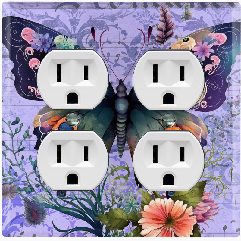Metal Light Switch Plate Outlet Cover (Colourful Butterfly Flowers Damask Purple - Double Duplex)