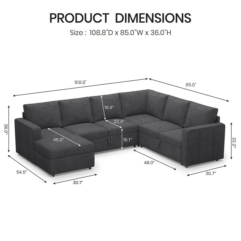 Ensemble de canapé modulaire en L avec grand espace de rangement, Chenille grise foncée