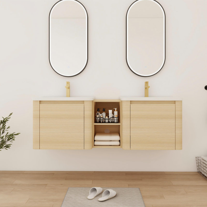 Meuble-lavabo double avec comptoir en céramique, 60", Beige
