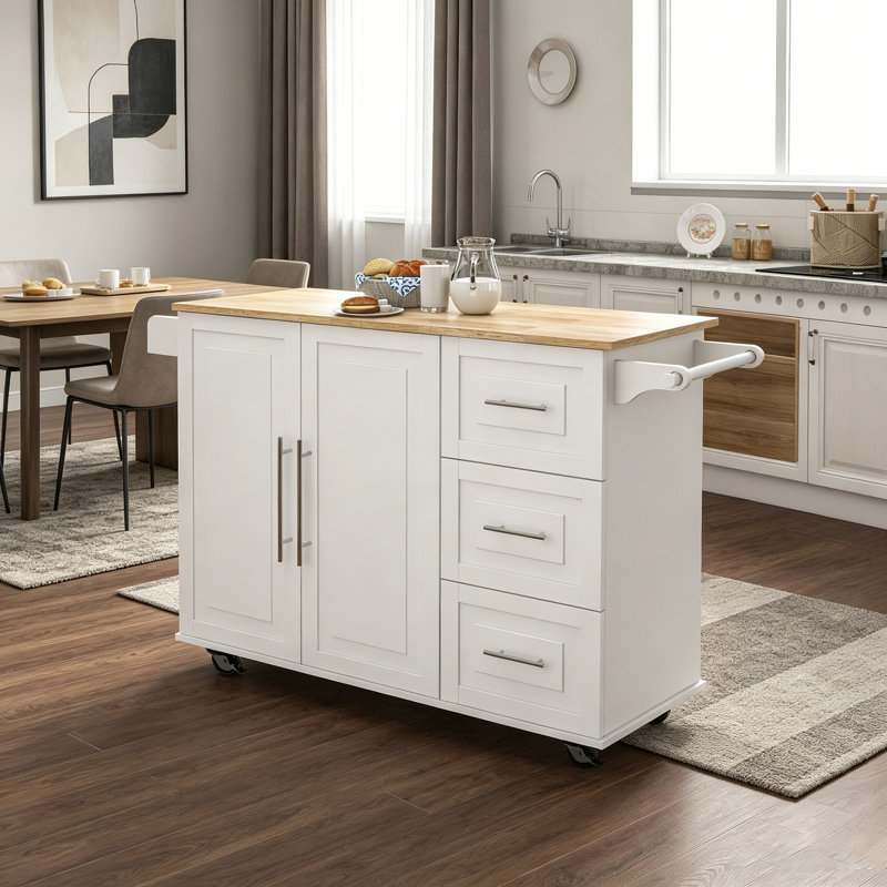 Multifunctional Kitchen Island with Extensible Table Top, Spice Rack, and Towel Holder for Enhanced Storage and Mobility