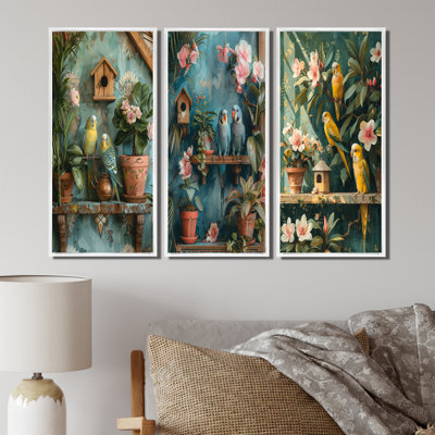 «Parakeets In A Flower Garden I», collection d'art mural perroquet