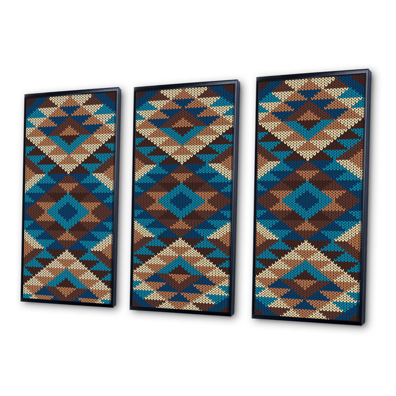 Tribal aztèque géométrique - ensemble d'art moderne sur toile encadrée moderne de 3, Cadre noir, H 32 po x l 48 po x P 1 po