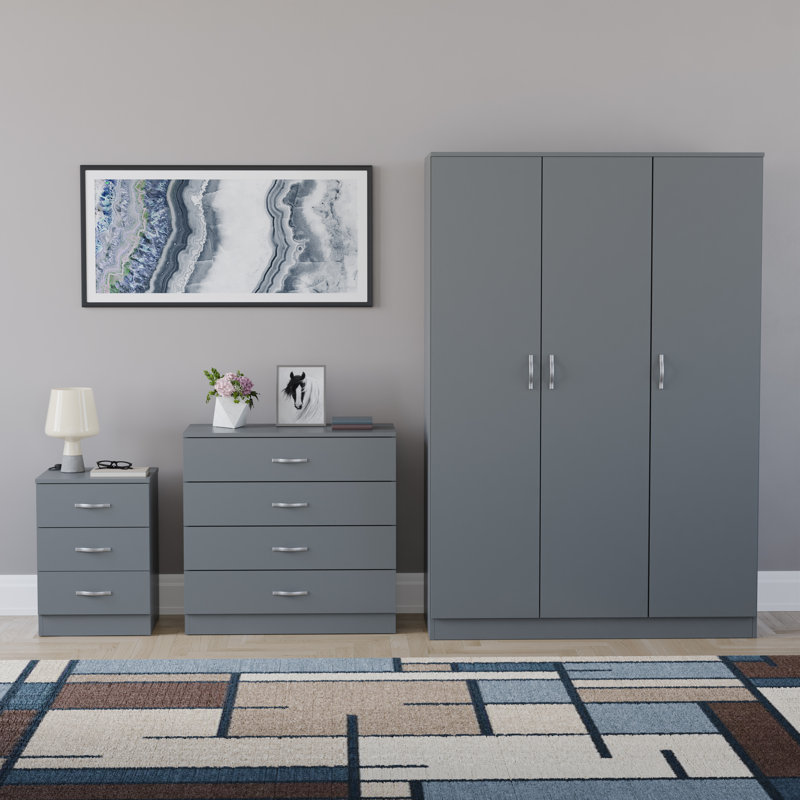 Maybery 3 Piece Bedroom Set (3 Drawer Bedside Chest, 4 Drawer Chest, 3 Door Wardrobe), (5), Grey