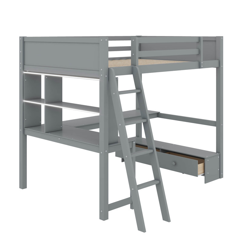 Lit mezzanine double avec bureau en L à rangement multiple, lumière DEL et station de charge USB, banc de rangement avec 2 tiroirs