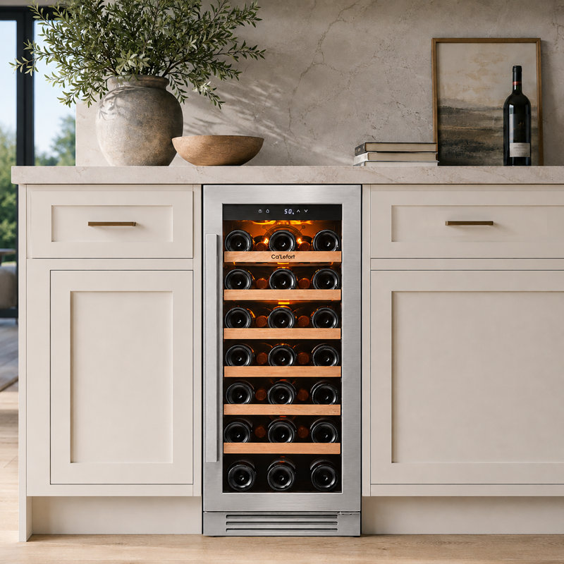 Réfrigérateur à vin 14 bouteilles de 14,8 po de 40 à 65 ℉ Réfrigérateur à vin encastré / autoportant à température constante avec tablettes réglables en bois à faible bruit Filtre à charbon actif à porte en verre à double couche résistant aux empreintes digitales